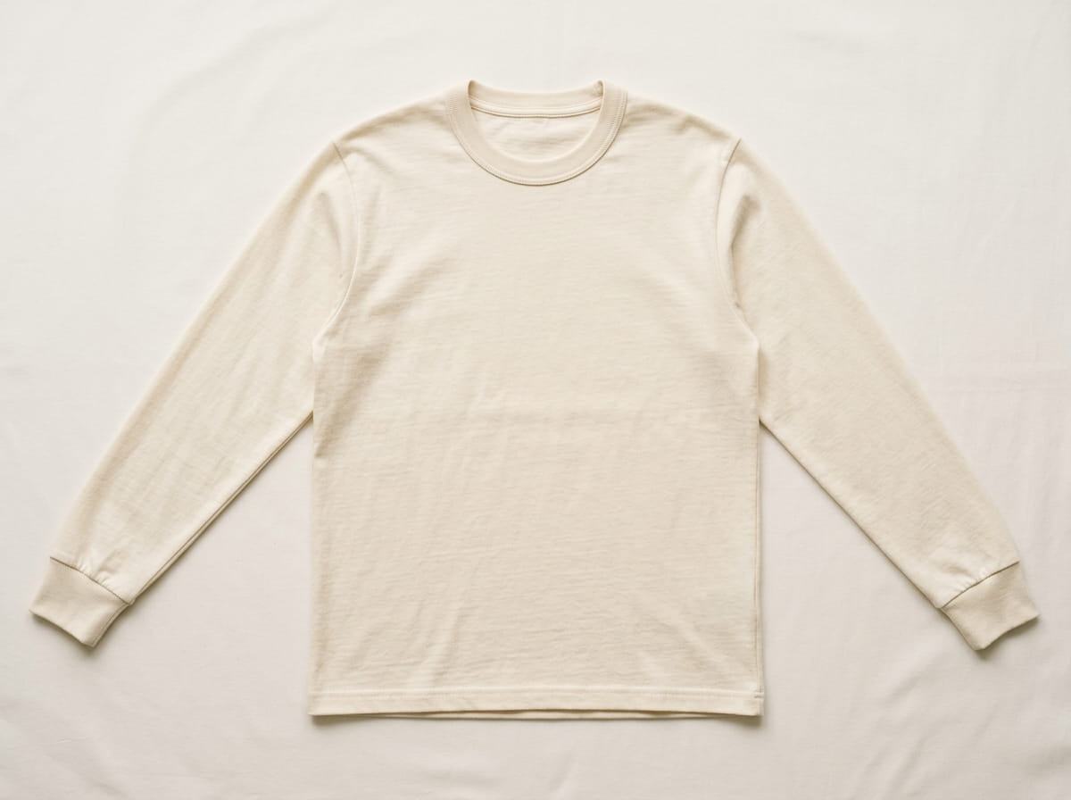 Custom long-sleeve t-shirt anatomy features — ribbed crew, front chest panel, full sleeve, ribbed cuff at the wrist, double-stitched hem