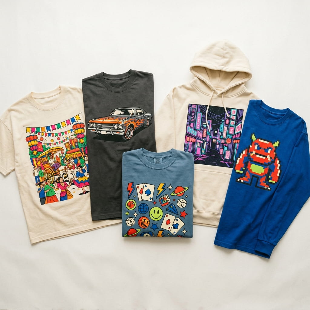 Overhead flat-lay of five vintage promotional illustration decorated apparel pieces — heritage cream tee with vintage hot dog stand, anthracite tee with vintage popcorn machine, garment-dyed crewneck with vintage cheerleader pom-poms, vintage stone-wash long-sleeve with vintage carnival trophy cup, and varsity-letterman fleece pullover with vintage parade banner