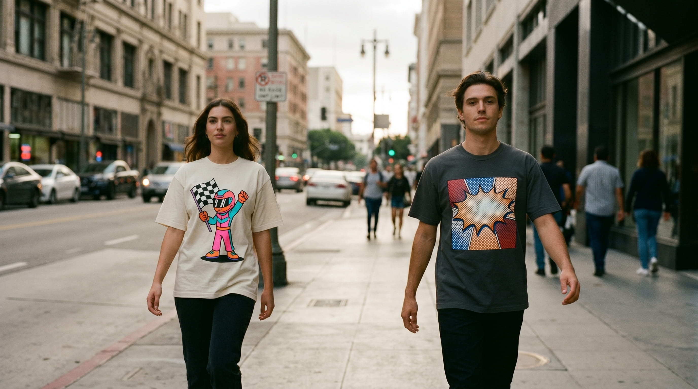 Two lifestyle models walking together in matched mid-stride down a downtown sidewalk in DBTK-style illustration decorated apparel — one in a heritage cream heavyweight cotton oversized boxy tee with a full-chest Y2K cartoon racer mascot plastisol screen-print, one in a heritage anthracite heavyweight cotton tee with a full-chest halftone pop-art comic-book burst plastisol screen-print