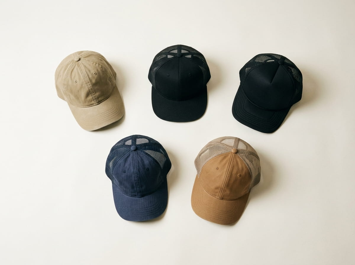 Mega Cap range — signature headwear silhouettes flat-lay