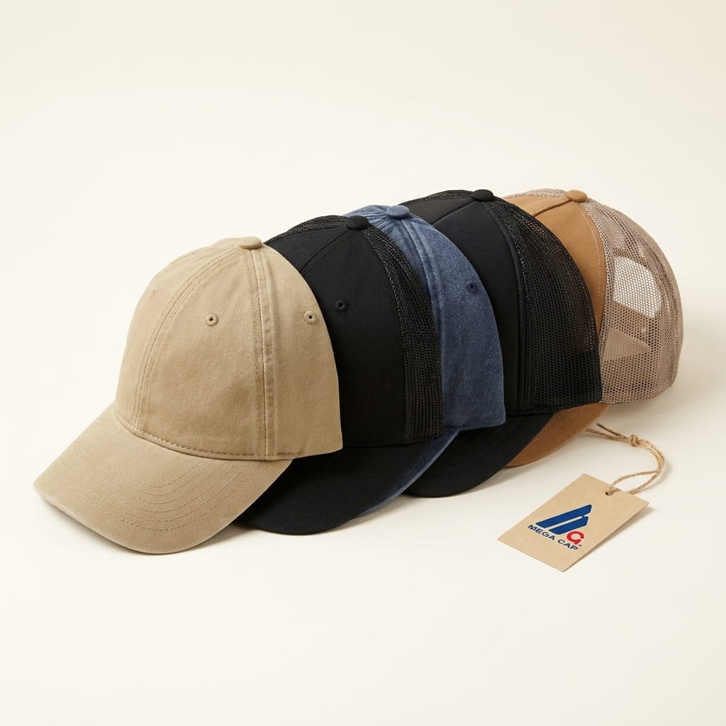 Mega Cap headwear lineup on a clean studio background