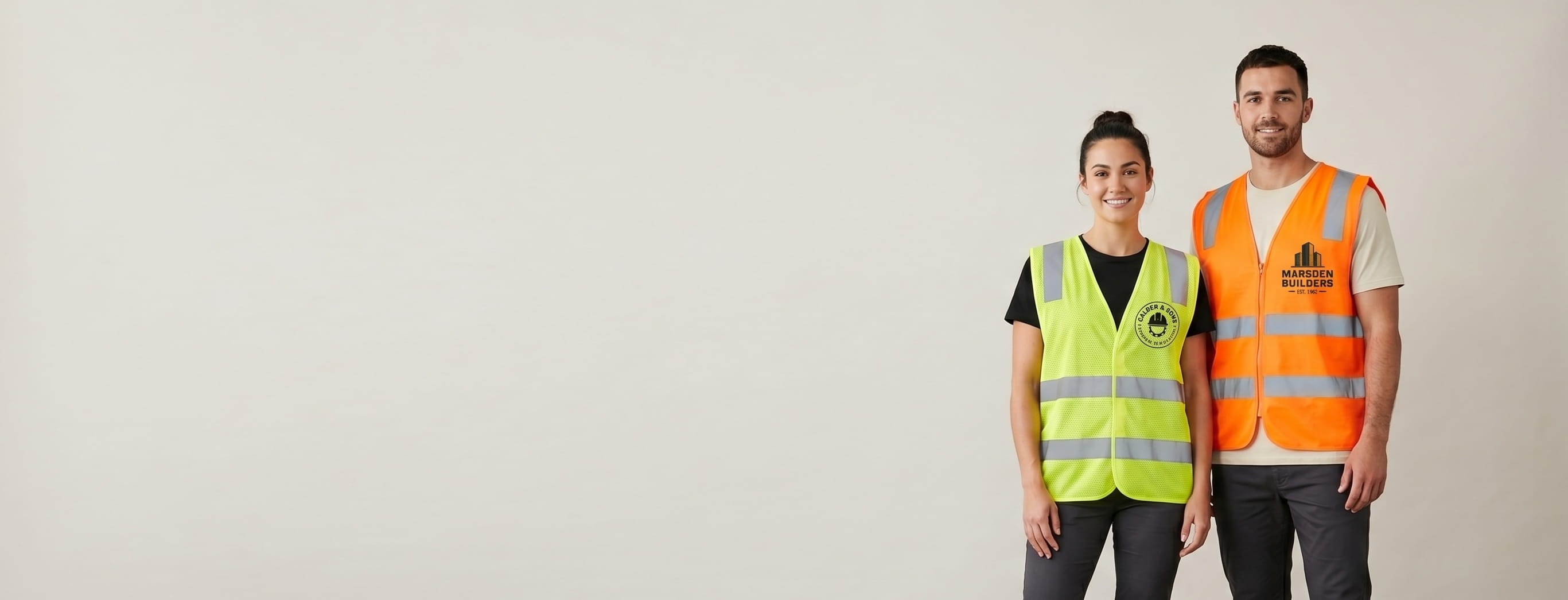Two models with decorated ML Kishigo hi-vis apparel in a clean studio