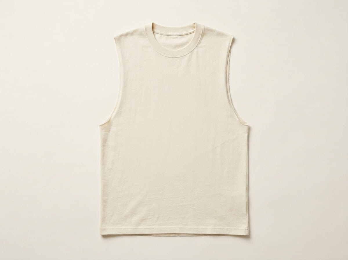 Custom muscle tank anatomy — ribbed crew or scoop neckline, wide raw armhole, front chest panel, side panel, hem at the natural waist