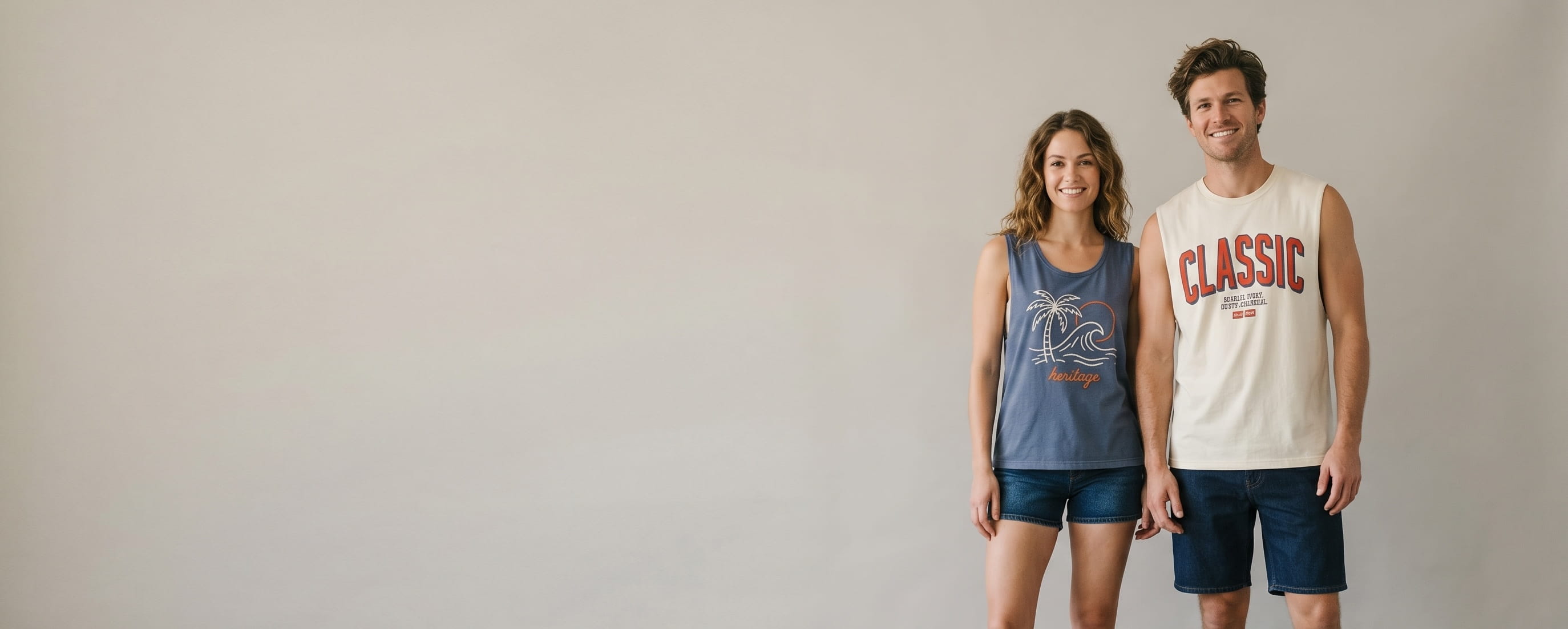 Two lifestyle models in decorated custom muscle tanks — model 1 in heritage cream heavyweight ring-spun cotton muscle tank with hand-illustrated bold block-typography plastisol screen print + model 2 in faded indigo garment-dyed organic cotton muscle tank with hand-illustrated palm-and-wave composition + chain-stitch embroidery