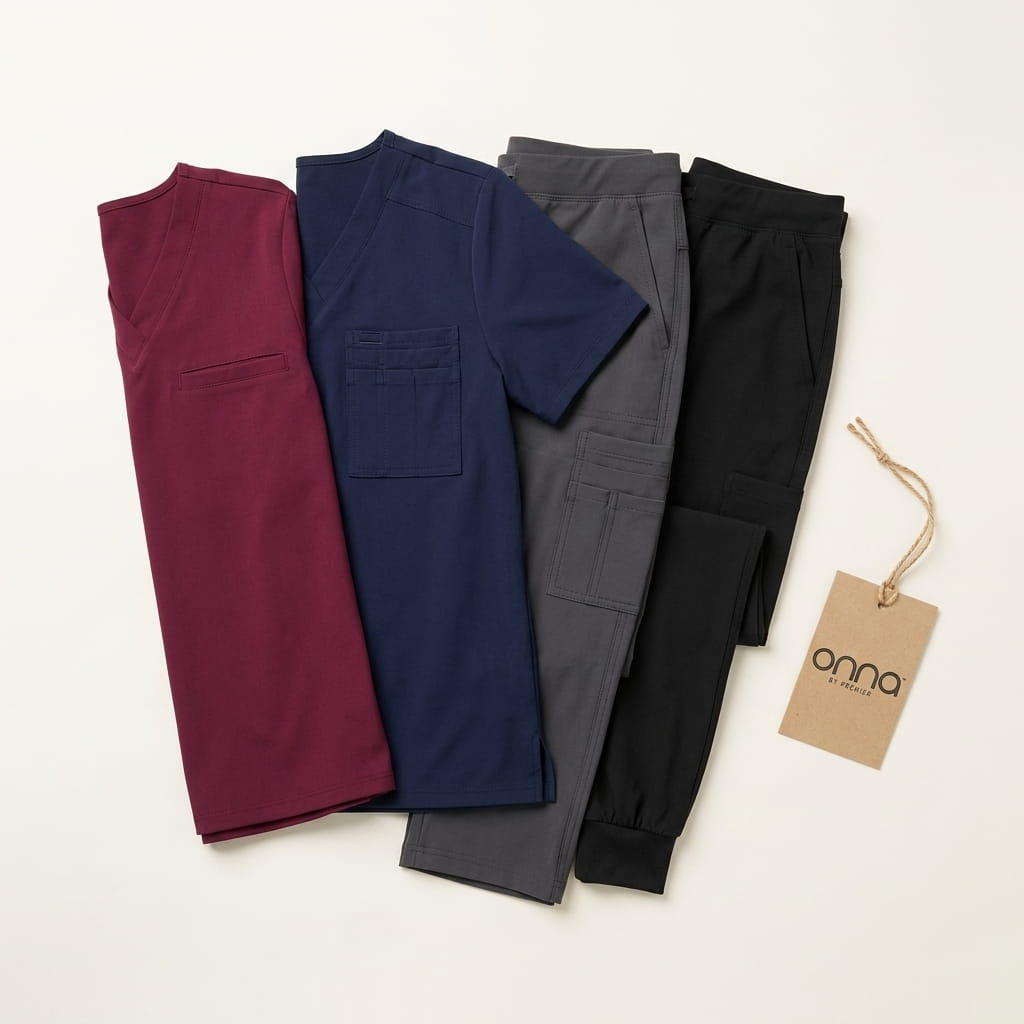 Onna medical-scrubs lineup on a clean studio background