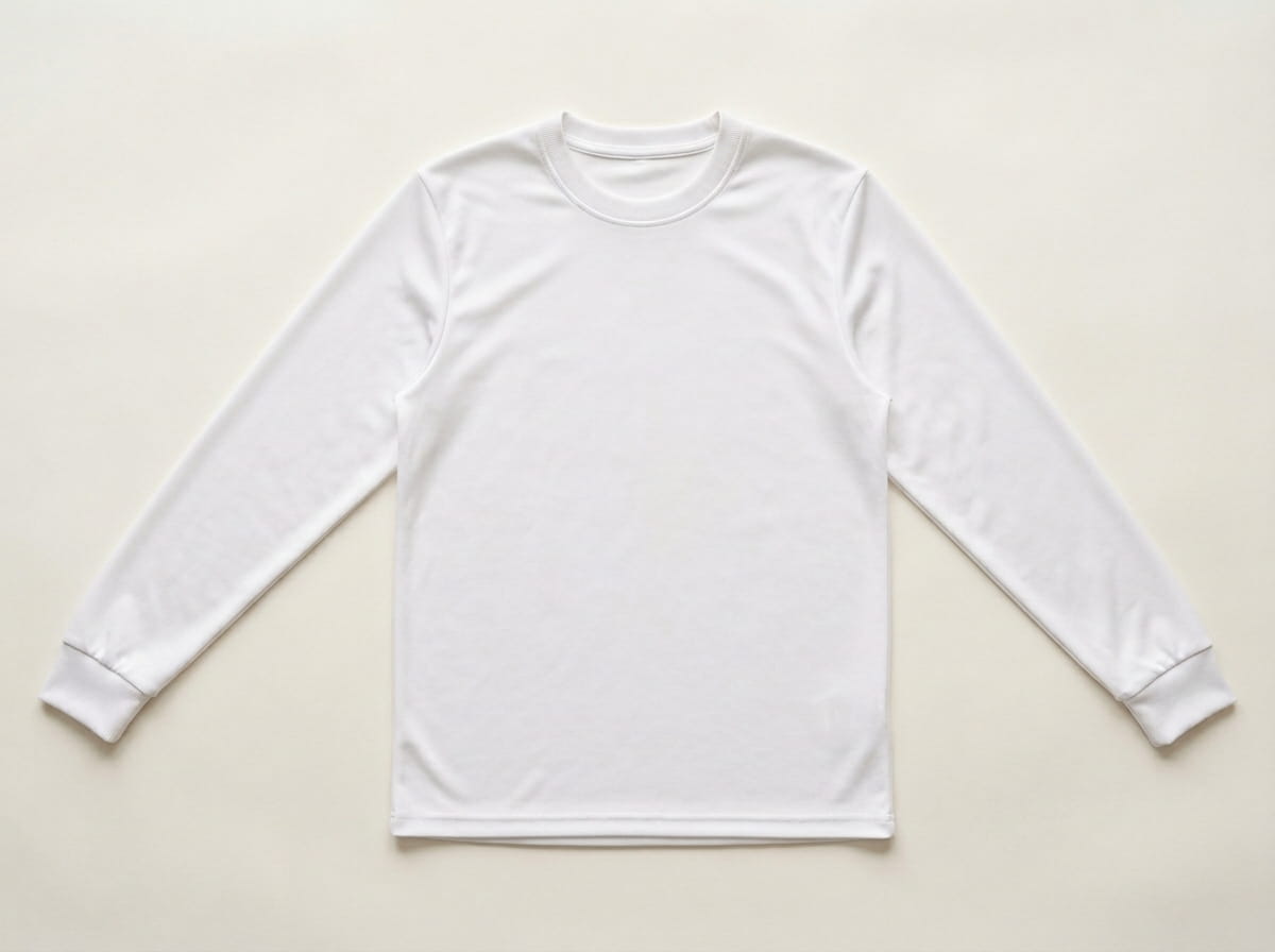 Custom performance long-sleeve t-shirt anatomy — ribbed crew, moisture-wicking body, set-in full-length sleeves, ribbed cuffs at wrists, double-stitched hem