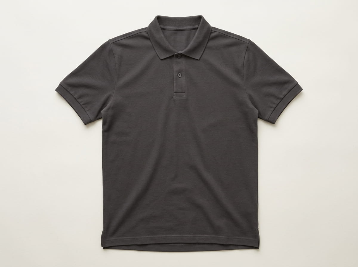 Custom polo anatomy — pique-knit ribbed collar, 2-3 button placket closure, chest panel, set-in short sleeve and ribbed cuff, slightly curved hem
