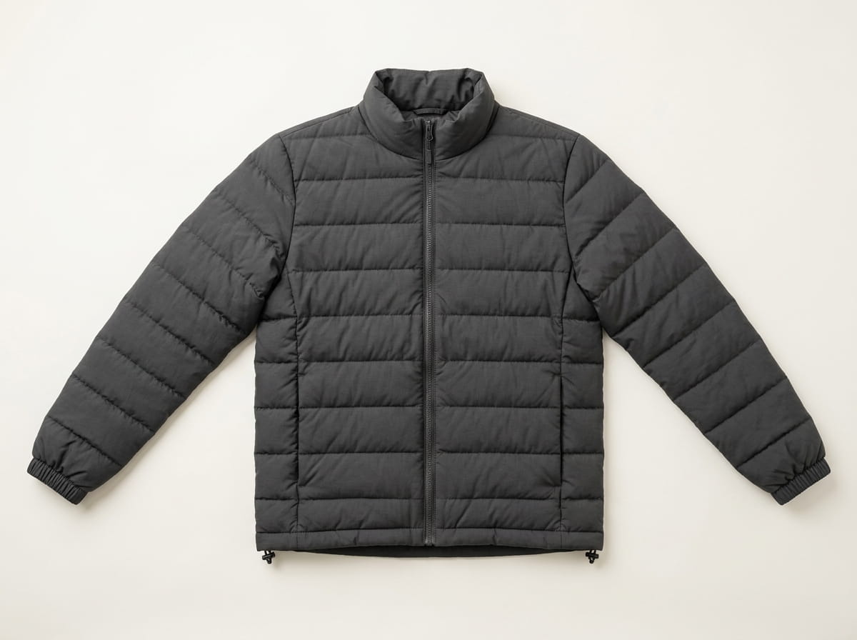 Custom puffer jacket anatomy — stand-up or hooded collar, full-zip closure with storm placket, quilted-channel chest panel, set-in sleeve and elastic cuff, banded hem with drawcord at the natural waist