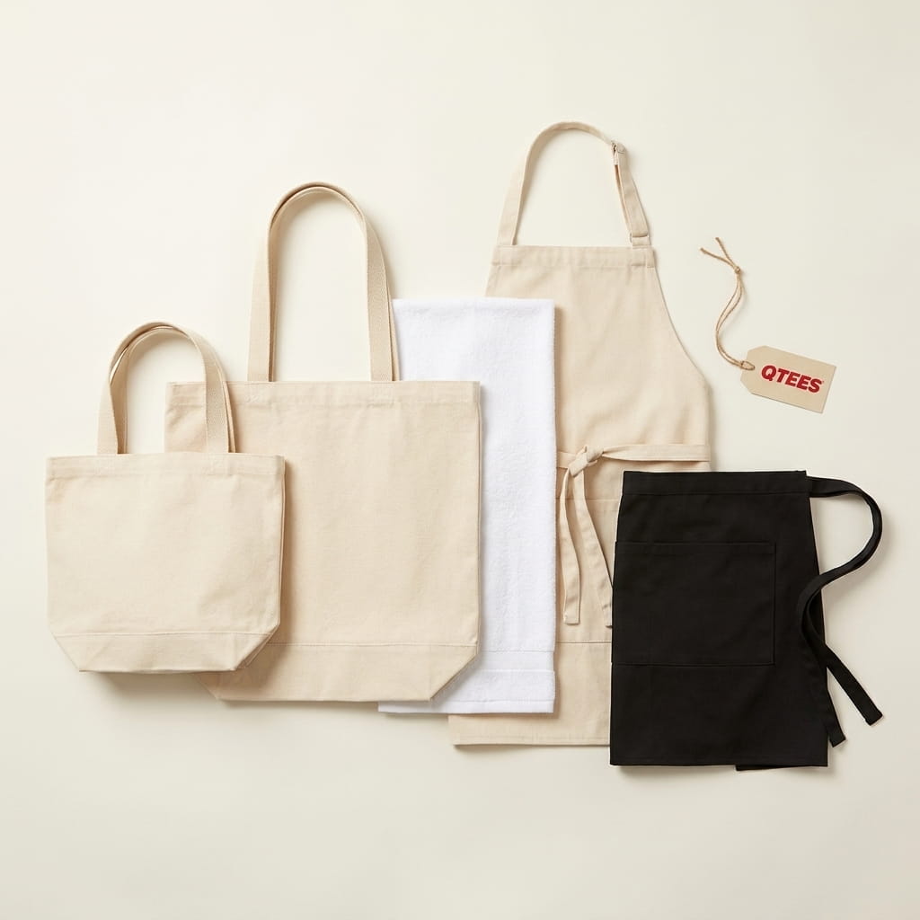 Q-Tees event-merch lineup on a clean studio background