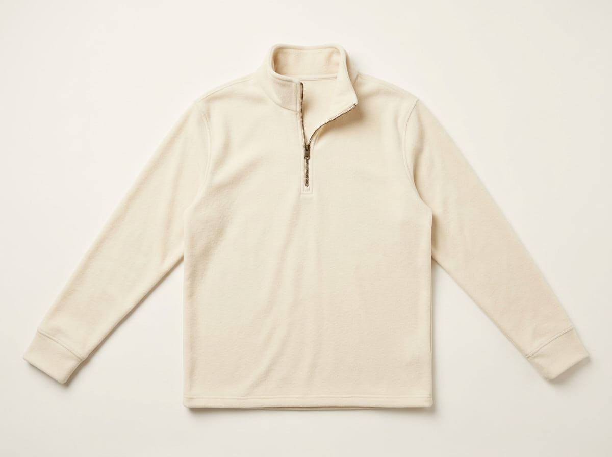 Custom quarter-zip pullover anatomy — mock stand-up collar, partial metal zipper, set-in sleeves with clean fabric cuffs, clean fabric hem
