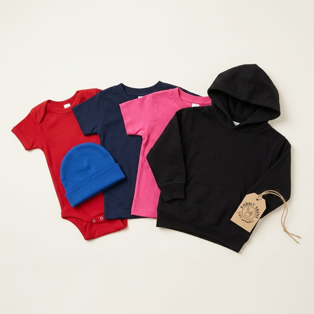 Rabbit Skins infant and toddler lineup on a clean studio background