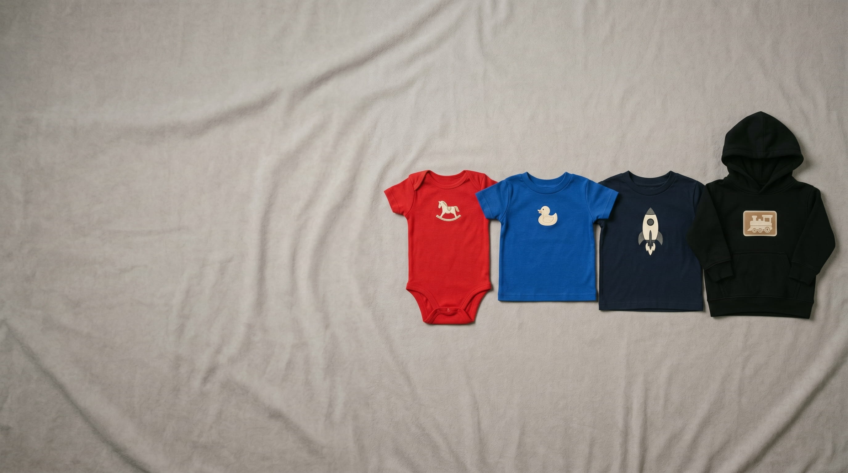 Decorated Rabbit Skins infant and toddler apparel laid flat in a clean studio