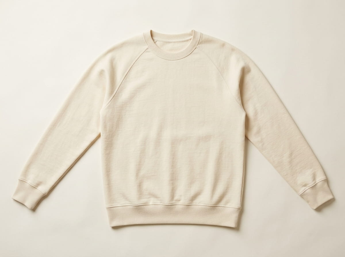 Custom raglan sweater anatomy — ribbed crew neckline, diagonal raglan sleeve seam from neckline to underarm, front chest panel, ribbed cuffs at the wrists, ribbed hem at the natural waist