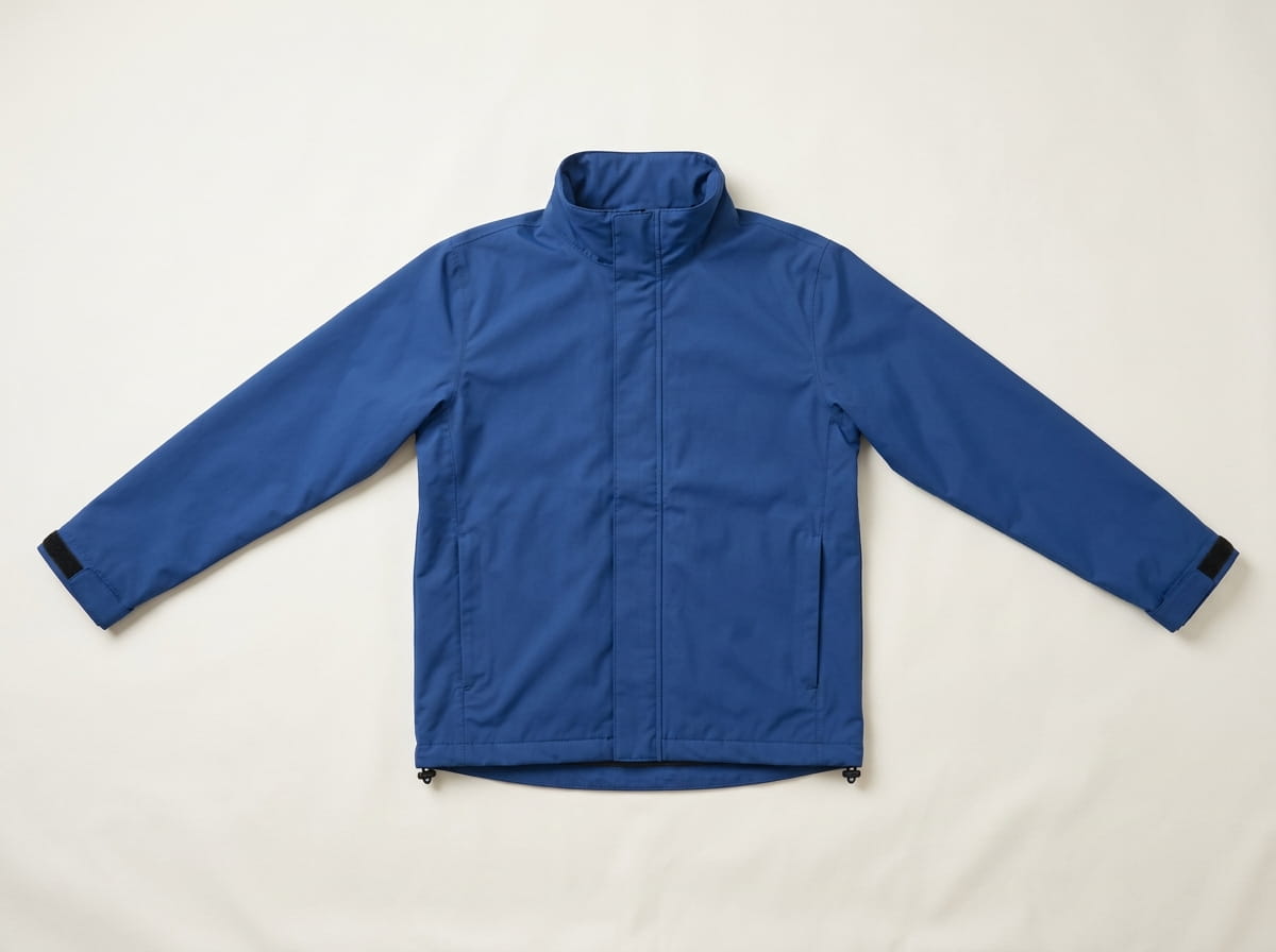 Custom rain jacket anatomy — hooded or stand-up collar, full-zip closure with storm flap, chest panel, set-in sleeve and velcro-tab cuff, banded hem with drawcord at the natural waist