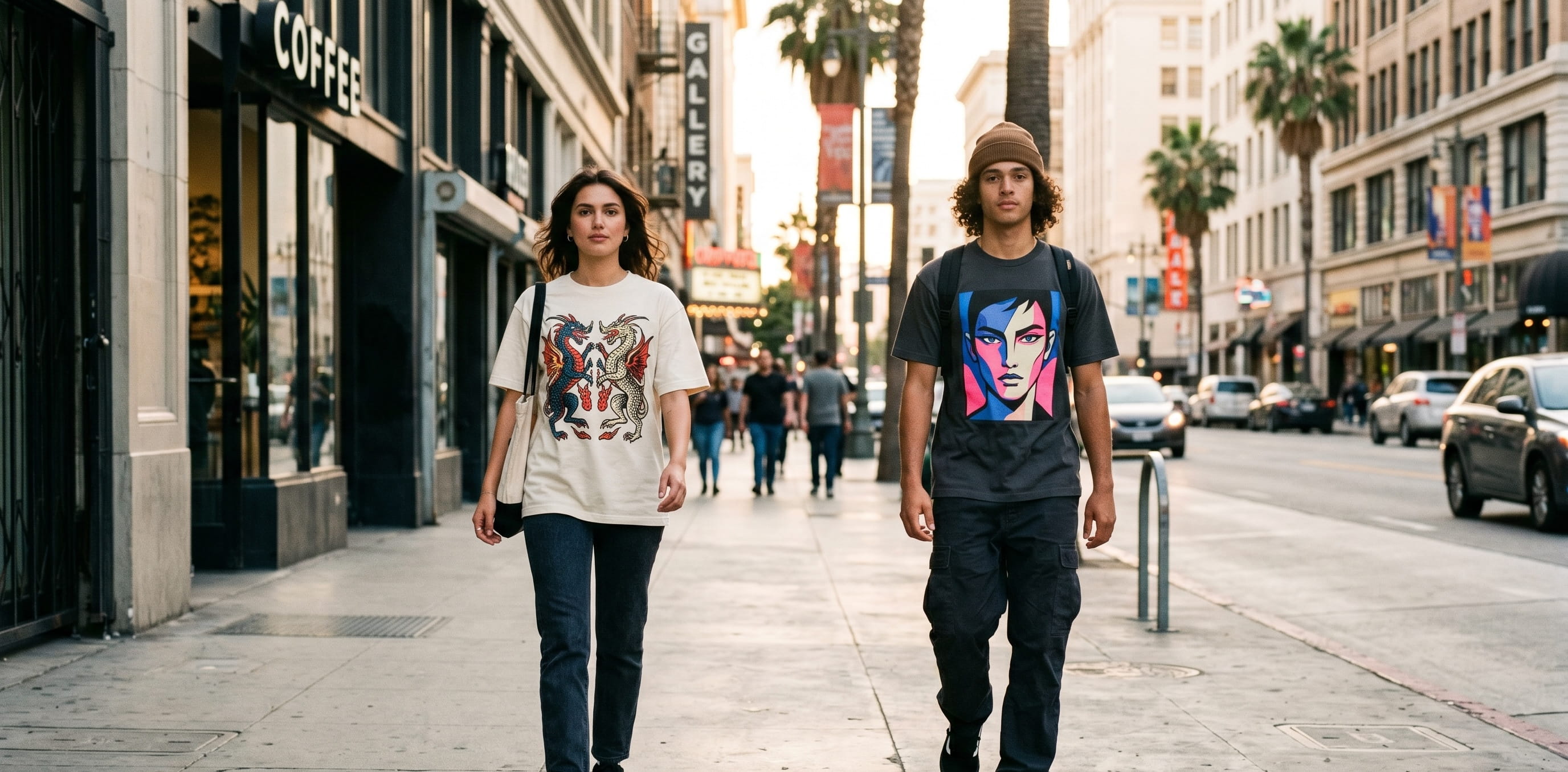 Two lifestyle models walking together in matched mid-stride down a downtown sidewalk in DBTK-style illustration decorated apparel — one in a heritage cream heavyweight cotton oversized boxy tee with a full-chest dual-creature emblem plastisol screen-print, one in a heritage anthracite heavyweight cotton tee with a full-chest razor-editorial cropped portrait plastisol screen-print