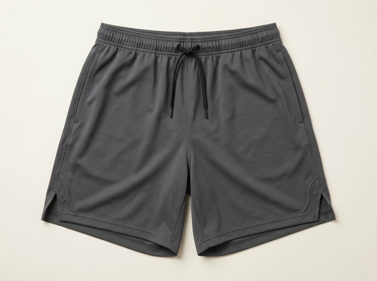 Custom running-short anatomy — elasticated drawcord waistband, looser athletic fit, side-seam vent, front thigh panel, and banded or hemmed leg opening