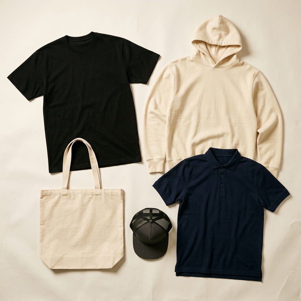 Five cross-category Sales & Deals pieces flat-laid on a clean studio background — heavyweight black cotton tee, heritage cream cotton hoodie, navy cotton-pique polo, charcoal foam-front trucker, and natural cotton canvas tote