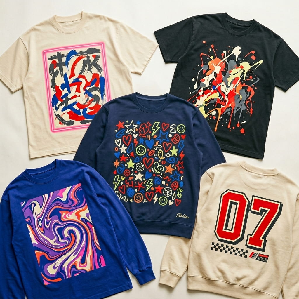 Overhead flat-lay of five DBTK-style screen-print decorated apparel pieces — heritage cream tee, anthracite tee, garment-dyed Comfort Colors crewneck, cobalt-blue long-sleeve, and varsity-letterman fleece pullover, all rendered in vivid plastisol and water-based screen-print