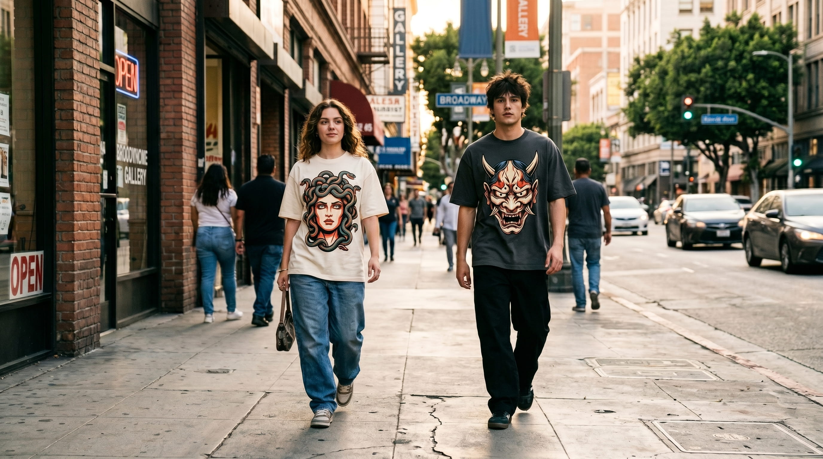 Two lifestyle models walking together in matched mid-stride down a downtown sidewalk in DBTK-style screen-print decorated apparel — one in a heritage cream heavyweight cotton oversized boxy tee with a full-chest plastisol screen-print, one in a heritage anthracite heavyweight cotton tee with a full-chest plastisol screen-print