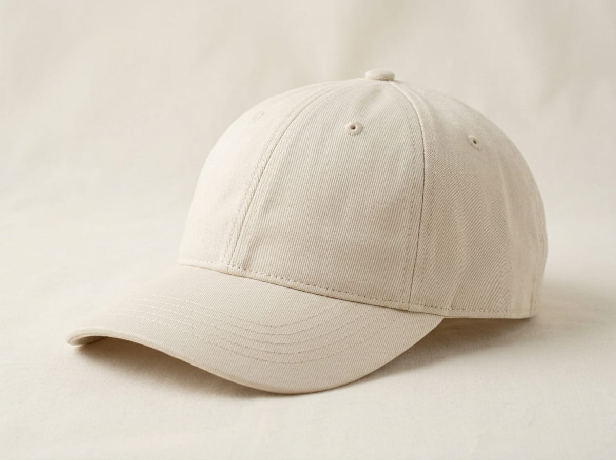 Custom six-panel cap anatomy — six-panel crown, front center panel, pre-curved or flat-bill visor, sewn eyelet vents, adjustable back closure