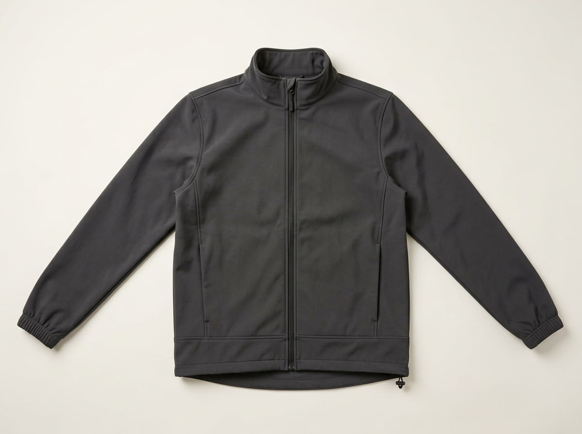 Custom soft shell jacket anatomy — hooded or stand-up collar, full-zip closure, chest panel, set-in sleeve and elastic cuff, banded hem with drawcord at the natural waist