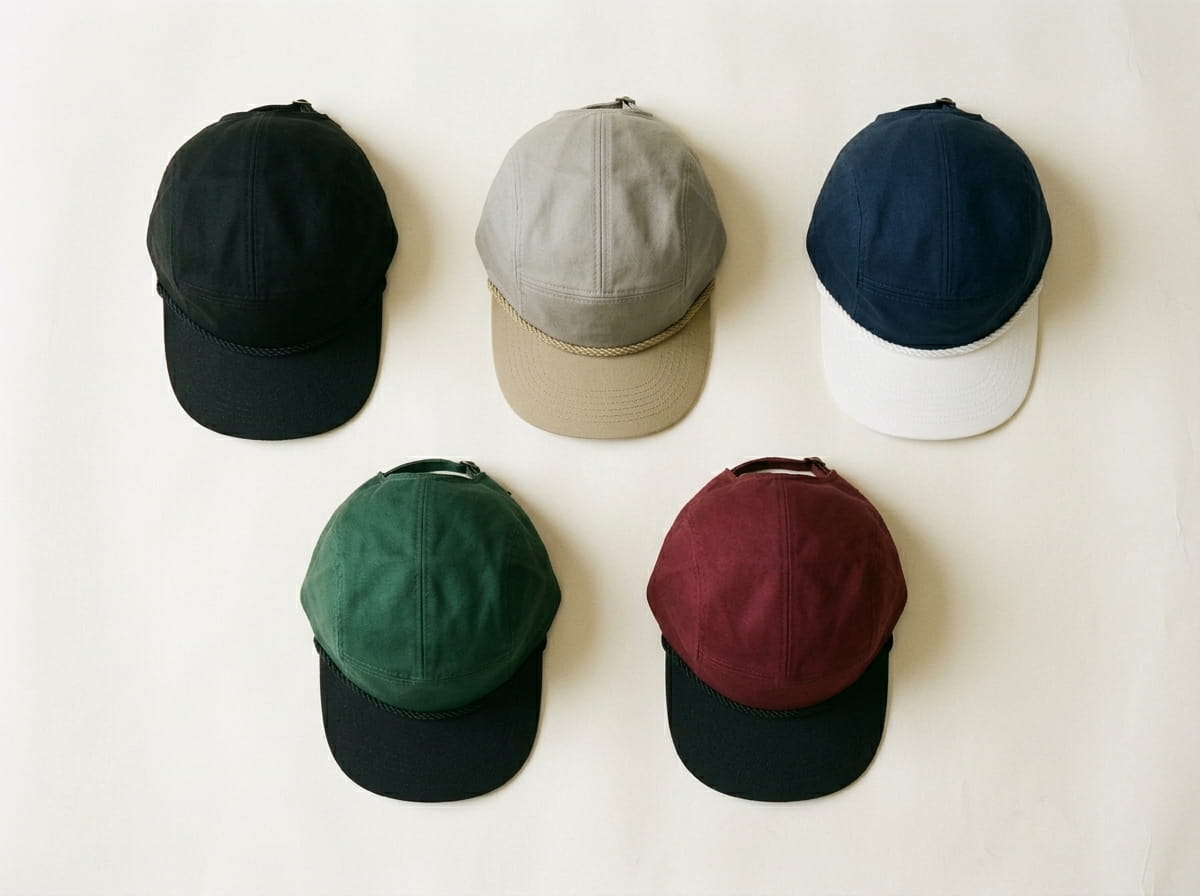Sportsman colorway range — 5 Five-Panel Rope Heritage Fit Cap colorways 3-2 grid flat-lay
