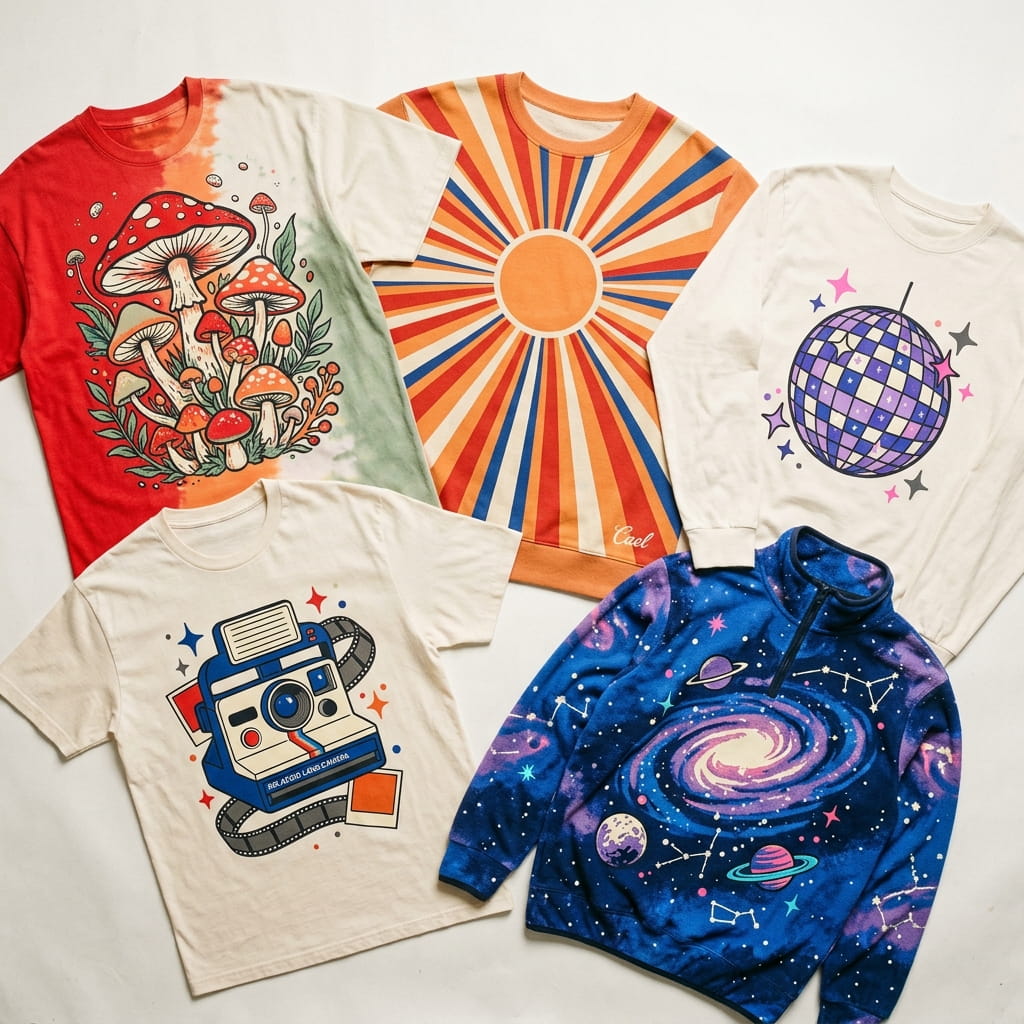 Overhead flat-lay of five DBTK-style sustainable-apparel pieces — organic-cotton tee, recycled-cotton tee, hemp-blend crewneck, organic-cotton long-sleeve, and Tencel varsity-letterman fleece pullover, all rendered in vivid water-based screen-print