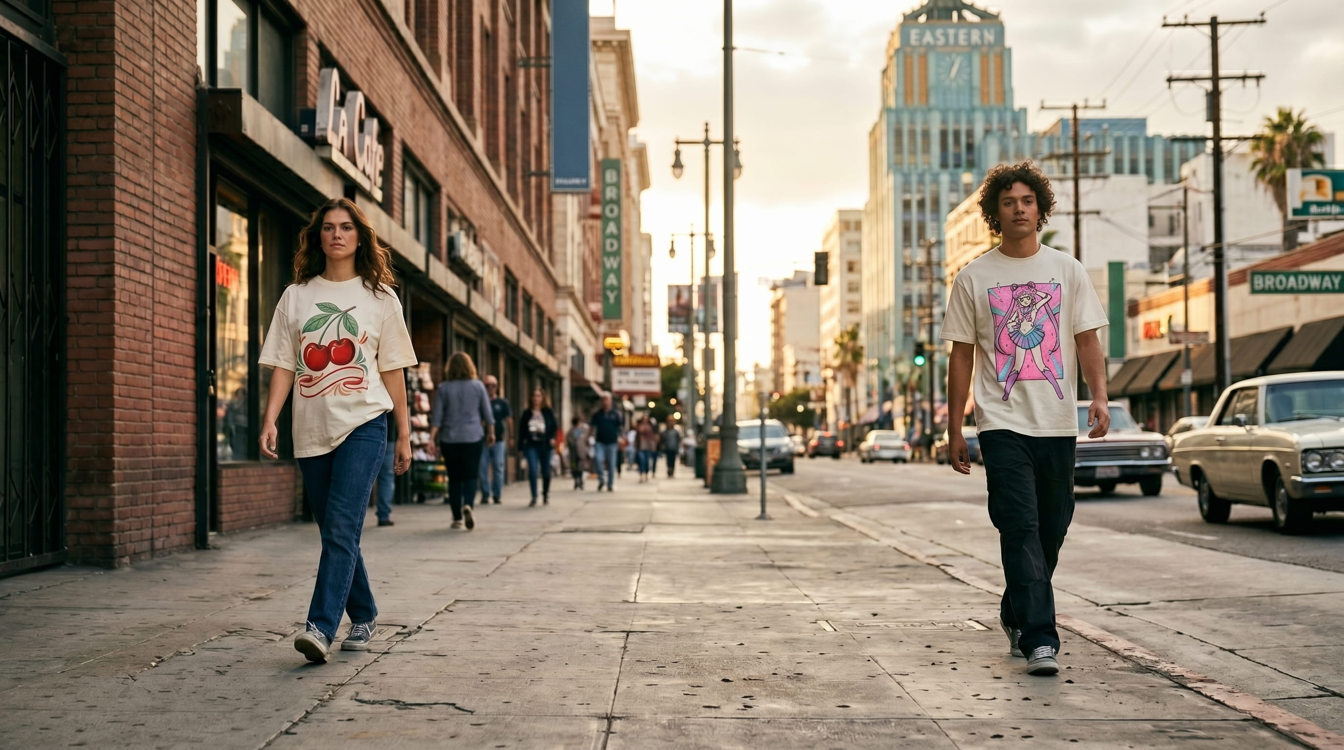 Two lifestyle models walking together in matched mid-stride down a downtown sidewalk in DBTK-style sustainable-apparel — one in an organic-cotton heavyweight ringspun oversized boxy tee with a full-chest water-based screen-print, one in an organic-cotton heavyweight ringspun tee with a full-chest water-based screen-print
