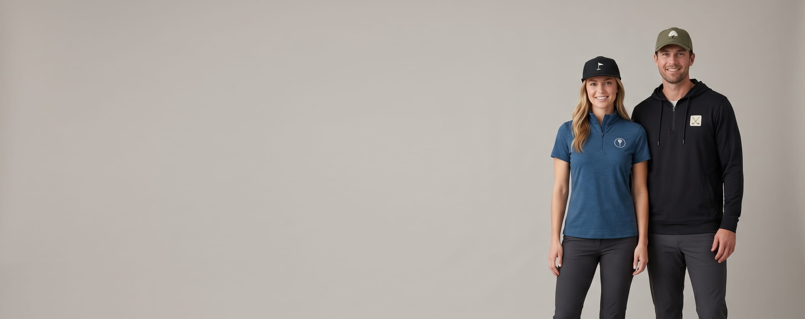 Two models layered with multiple decorated Swannies golf-lifestyle products in a clean studio