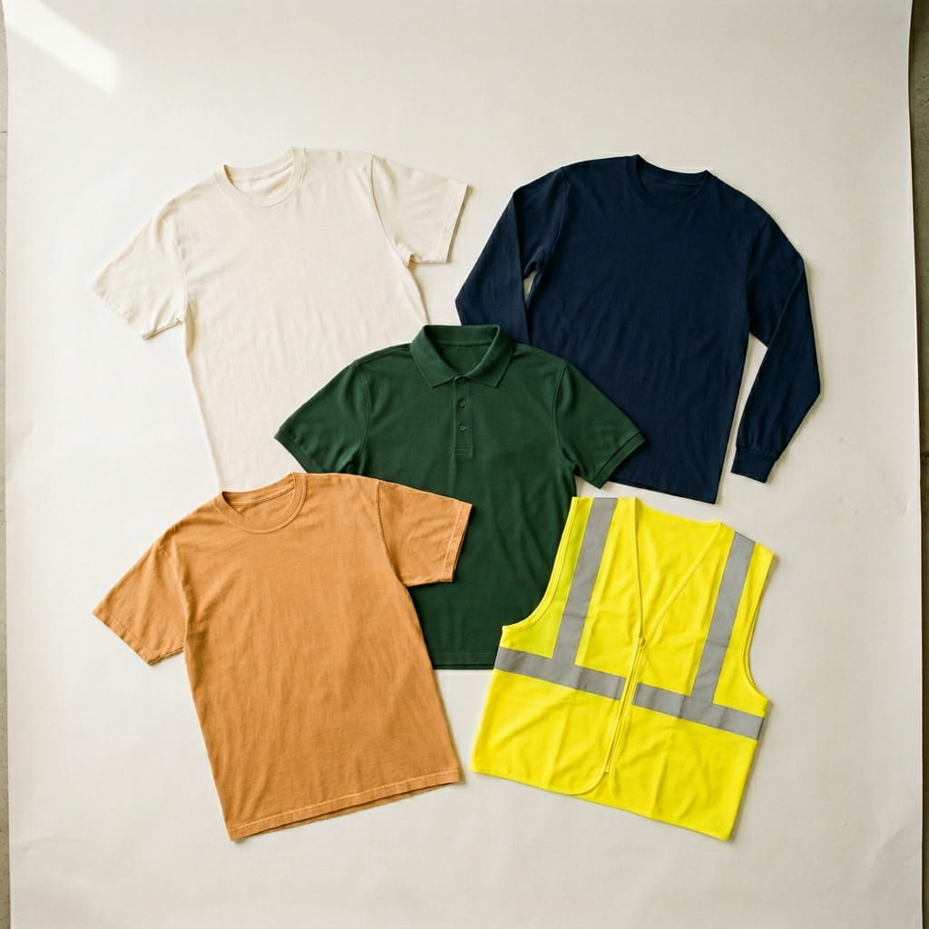 Five team-shirt silhouettes flat-laid on a clean studio background — cream heavyweight ringspun cotton jersey tee, navy ringspun cotton long-sleeve tee, forest cotton-pique short-sleeve performance polo, warm-amber garment-dyed heavyweight cotton tee, and hi-vis safety yellow workwear vest with reflective tape