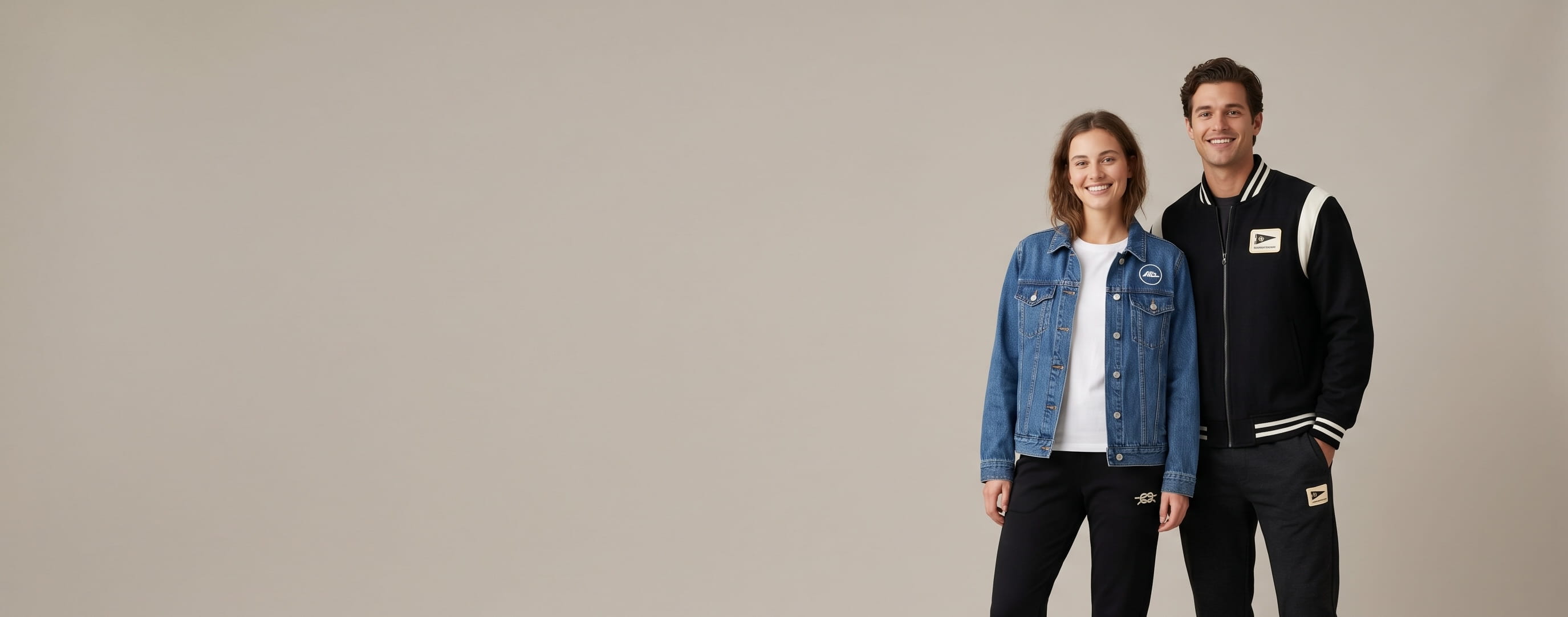 Two models layered with multiple decorated Threadfast Apparel outerwear and athleisure products in a clean studio
