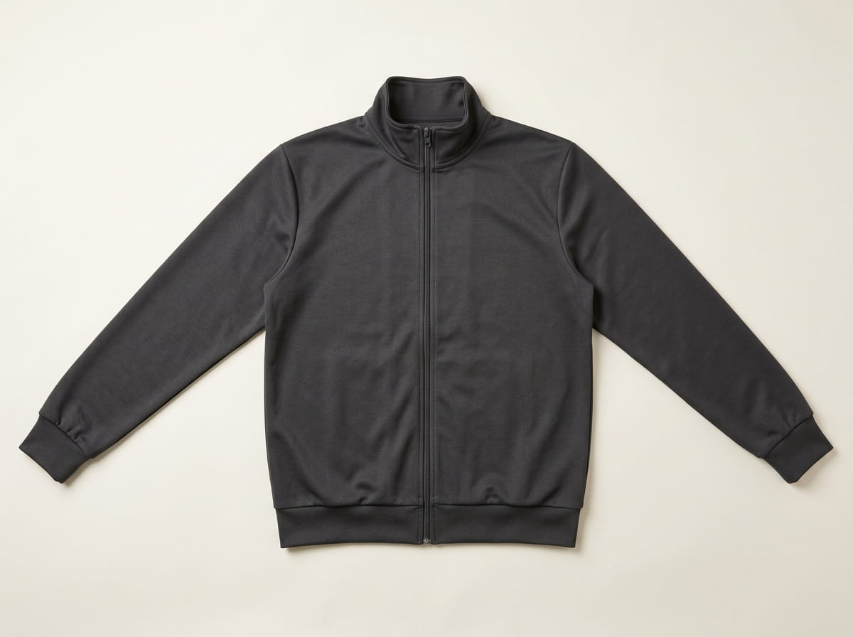 Custom track jacket anatomy — stand-up collar, full-zip closure, chest panel, set-in sleeve and elastic cuff, banded hem at the natural waist