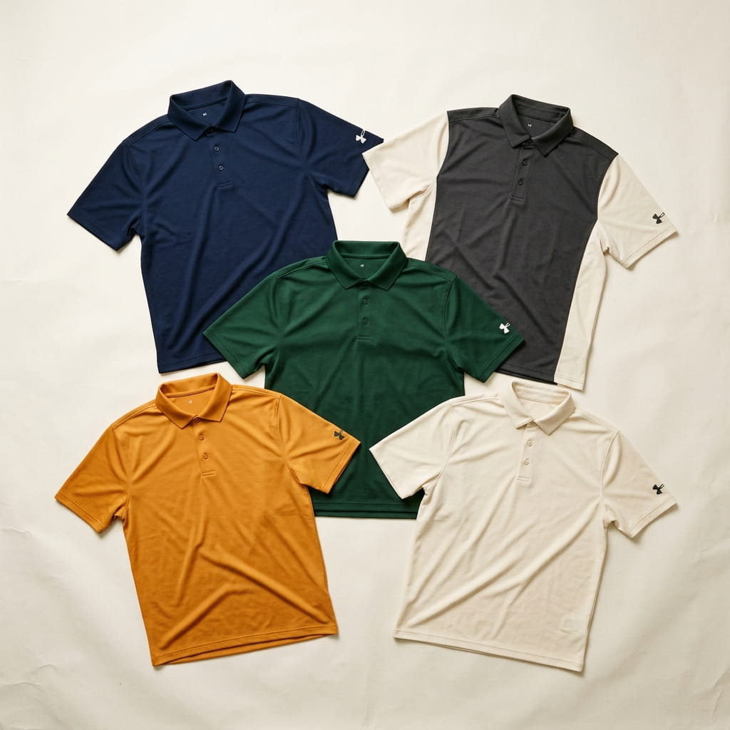 Five Under Armour polo silhouettes flat-laid on a clean studio background — heritage navy UA Corp Performance Polo, charcoal-and-cream UA Corporate Colorblock Polo, heritage forest UA Corporate Rival Polo, heritage warm-amber UA Tech Polo, and heritage cream UA Title Polo, with the standard small UA wings wordmark visible on the right sleeve of each polo