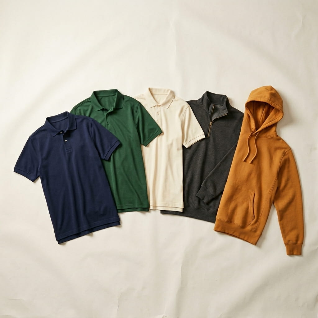 Five uniform silhouettes flat-laid on a clean studio background — heritage navy classic cotton-pique polo, heritage forest performance pique polo, heritage cream premium silk-touch fine-pique polo, heritage charcoal heavyweight cotton-blend quarter-zip pullover, and heritage warm-amber premium-cotton corporate hoodie