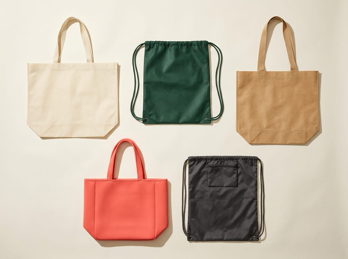 Valubag range — signature promotional-bag silhouettes 3-2 grid flat-lay