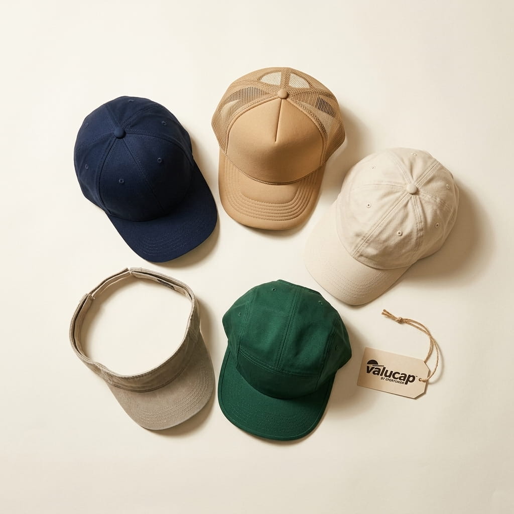 Valucap 5-cap flat-lay on a clean studio background