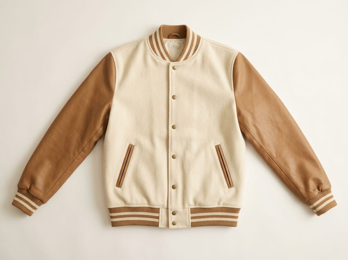 Custom varsity jacket anatomy — ribbed knit collar, snap-button front placket, chest panel, faux-leather sleeve and ribbed knit cuff, ribbed knit hem at the natural waist