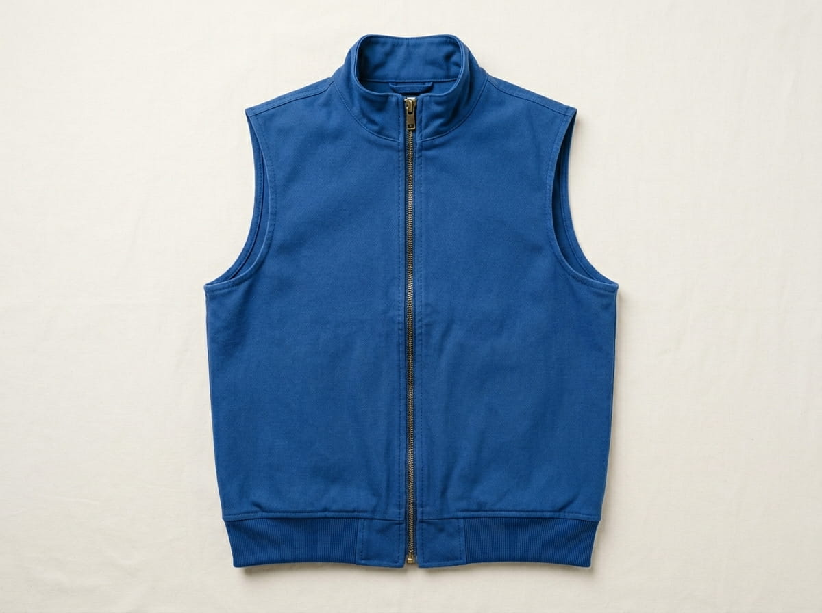 Custom vest anatomy — stand-up or shirt collar, full-zip closure, chest panel, armhole opening (no sleeves), banded hem at the natural waist
