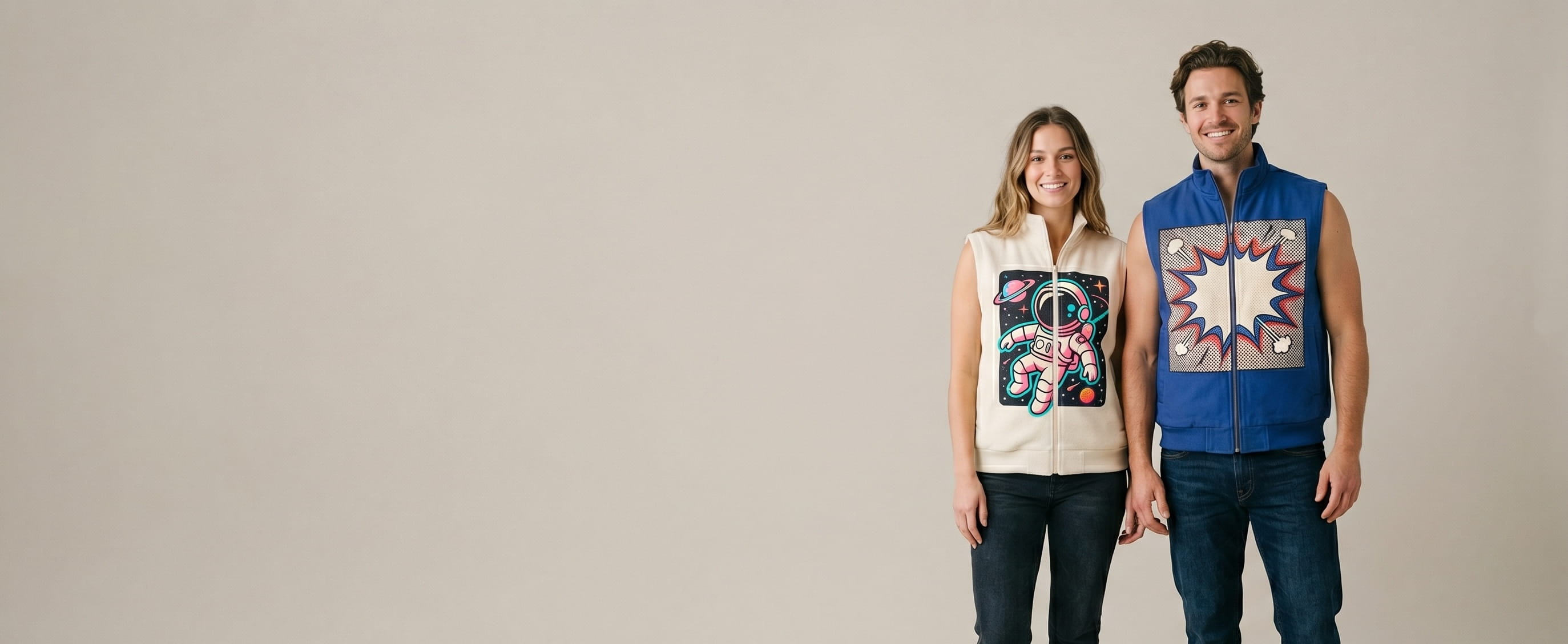 Two lifestyle models in decorated custom vests (no sleeves) — one in cobalt-blue cotton duck canvas vest with full-color DTG composition + one in cream sweater-knit fleece vest with full-color DTG composition