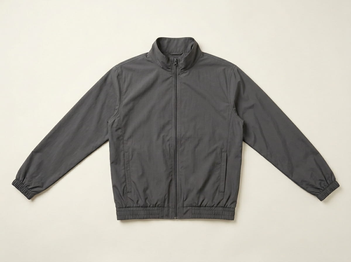 Custom windbreaker jacket anatomy — stand-up or hooded collar, half-zip / quarter-zip / full-zip closure, chest panel, set-in sleeve and elastic cuff, banded or elastic hem at the natural waist