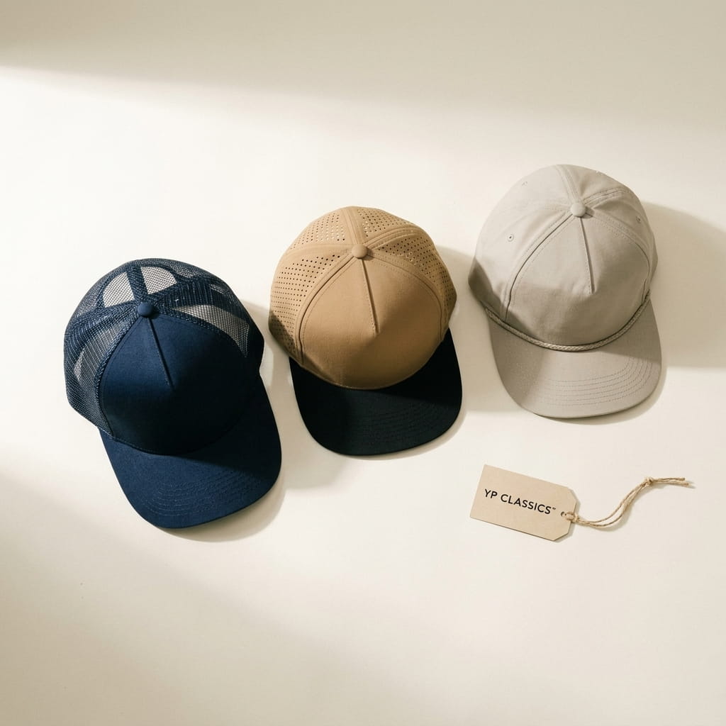 YP Classics 3-cap flat-lay on a clean studio background