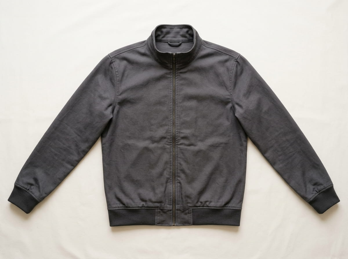 Custom zip-up jacket anatomy (no hood) — stand-up or shirt collar, full-zip closure, chest panel, set-in sleeve and elastic cuff, banded hem at the natural waist