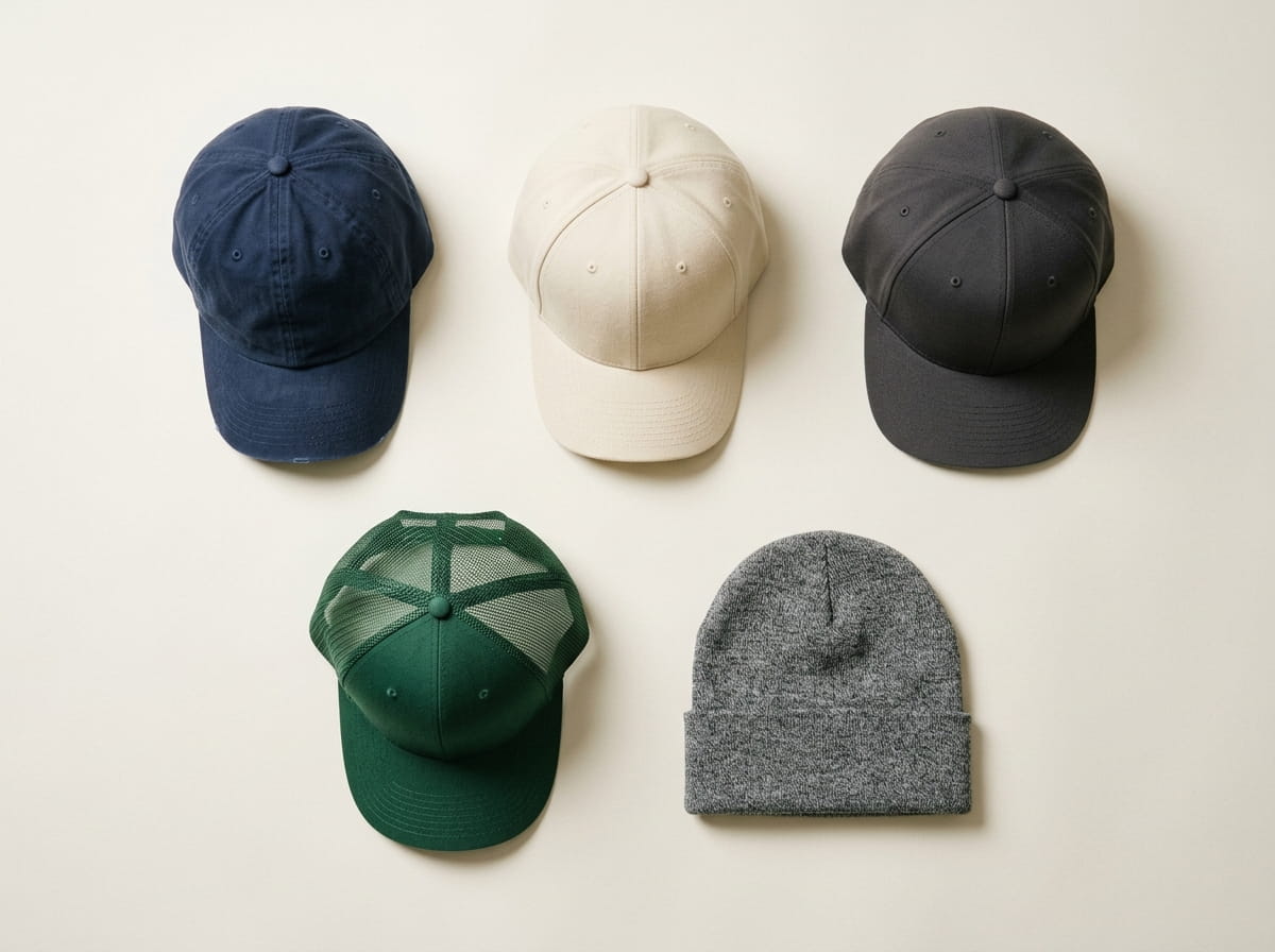 47 Brand range — Clean Up Dad Hat, MVP Structured Cap, Captain Snapback, Mesh-Back Trucker, and Cuffed Knit Beanie in a 3-2 grid flat-lay