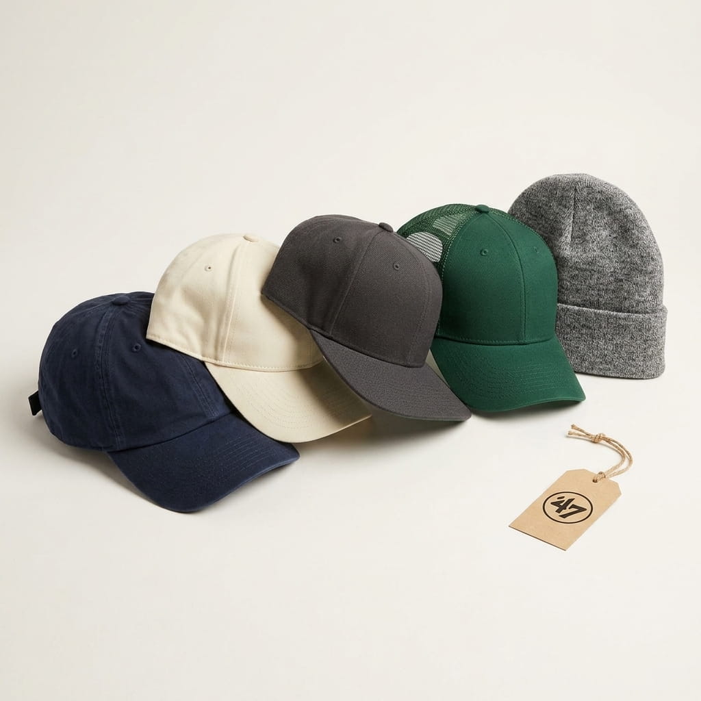 47 Brand 5-cap flat-lay — Clean Up dad hat, structured MVP cap, Captain snapback, mesh-back trucker, and cuffed knit beanie on a clean studio background