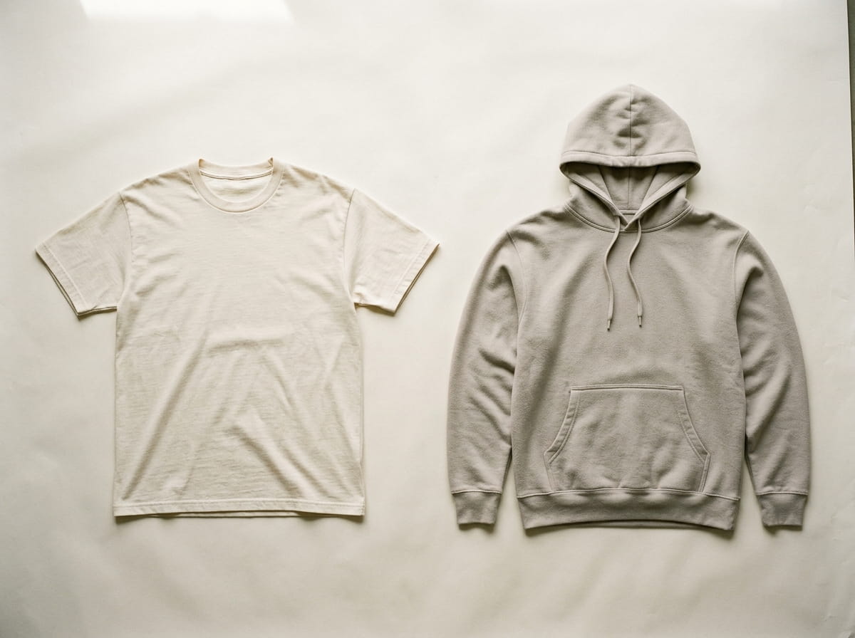 American Apparel range — 1301 Heavyweight Cotton Tee + RF498 ReFlex Fleece Hoodie 2-silhouette flat-lay