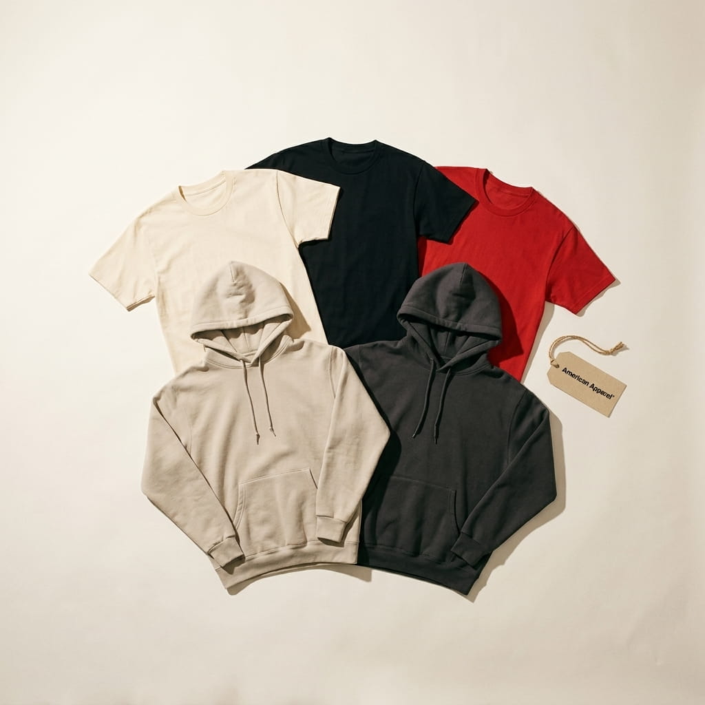 American Apparel 5-piece flat-lay — three heavyweight cotton tees and two ReFlex Fleece hoodies on a clean studio background
