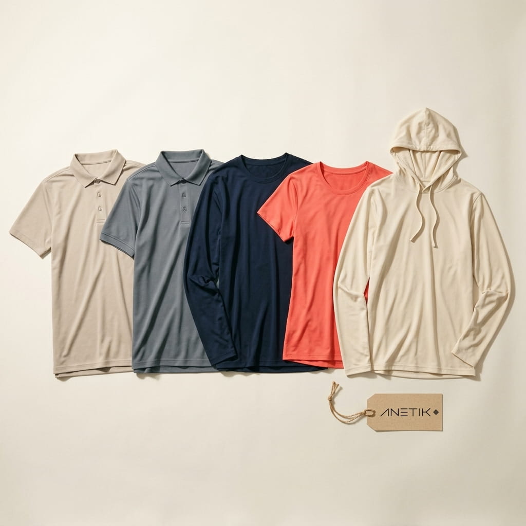 ANETIK 5-piece flat-lay — Low Pro Tech Polo, Transit Tech Polo, Low Pro Tech LS Tee, Breeze Tech Tee, and Hooded LS Tee on a clean studio background