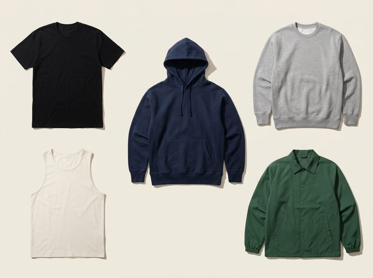 AS Colour range — Staple Tee, Premium Pullover Hood, Heavy Crewneck, Classic Tank, and Coach Jacket in a 3-2 grid flat-lay