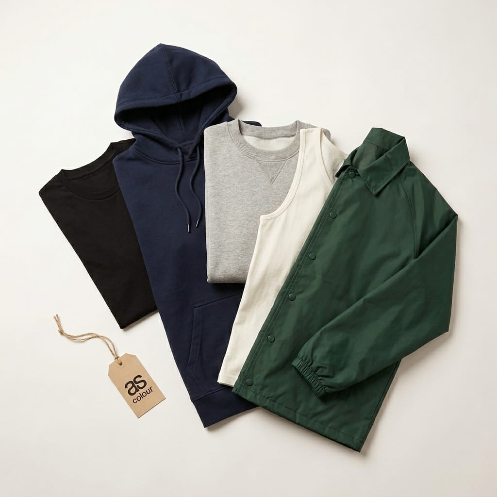 AS Colour 5-piece flat-lay — Staple tee, Premium pullover hood, Heavy crewneck, Classic tank, and Coach jacket on a clean studio background