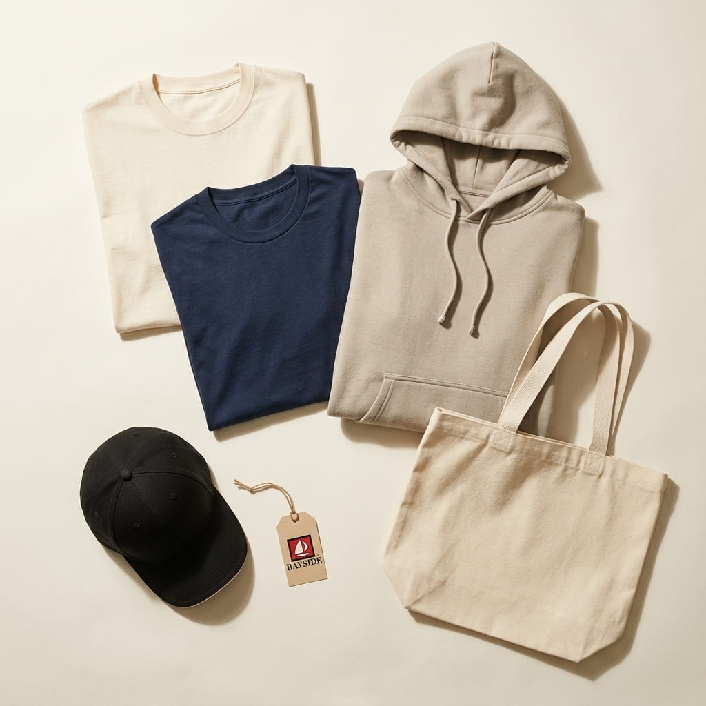 Bayside 5-piece flat-lay — heavyweight cotton tee, 50/50 cotton-poly blend tee, USA-Made fleece hoodie, structured twill cap, and cotton-canvas jumbo tote on a clean studio background